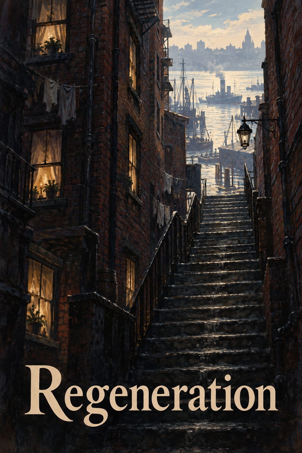 A tenement stairway opens toward the Hudson docks and a pale sky.