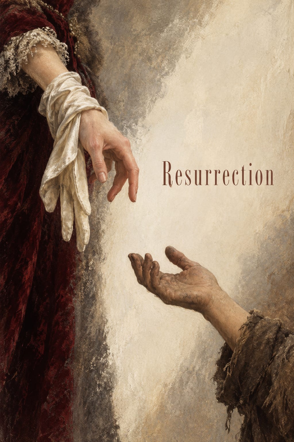 A hand releasing a pale glove hangs above another person's open waiting palm.