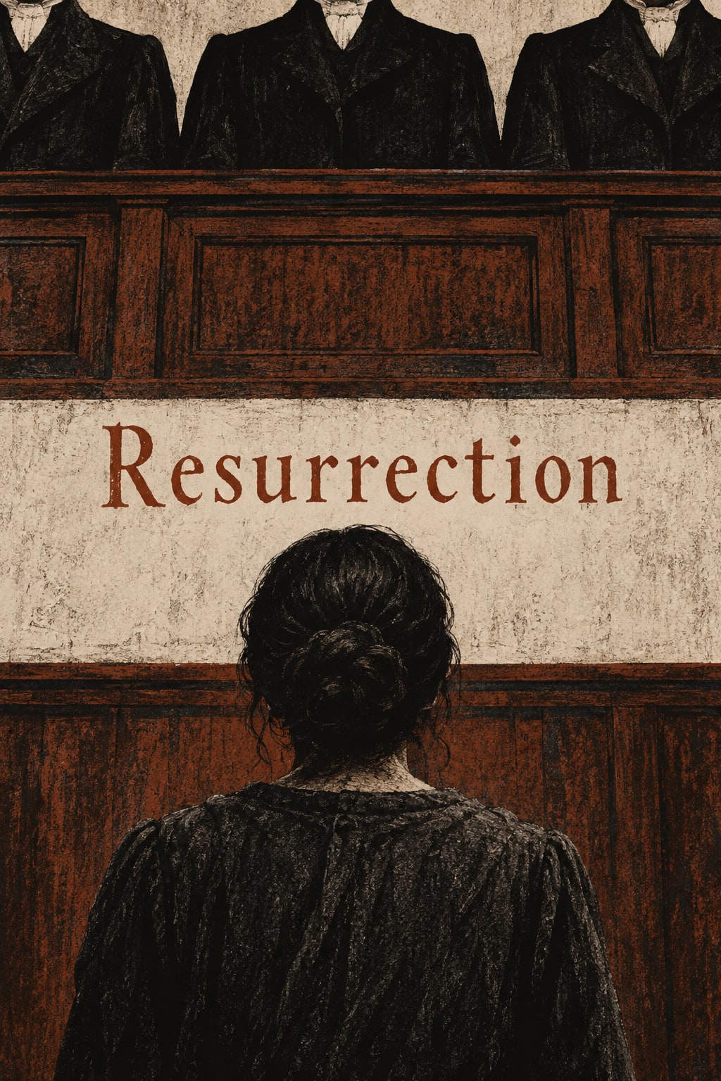 A woman seen from behind faces an elevated row of dark-coated jurors, with the title Resurrection between them.
