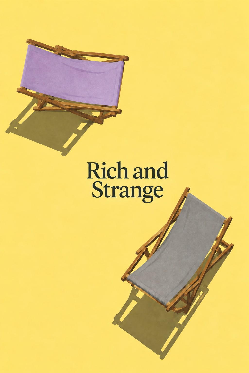 Two empty deckchairs, one lilac and one grey, cast shadows across a yellow background.