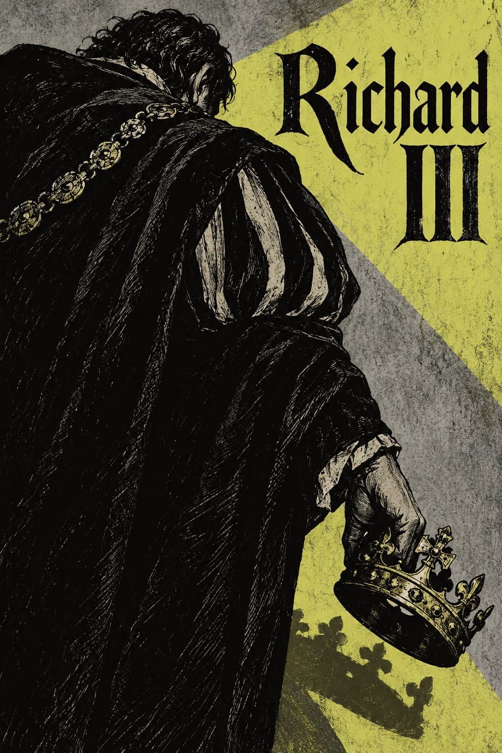 A hunched king holds a crown low against a jagged black and yellow-green print.