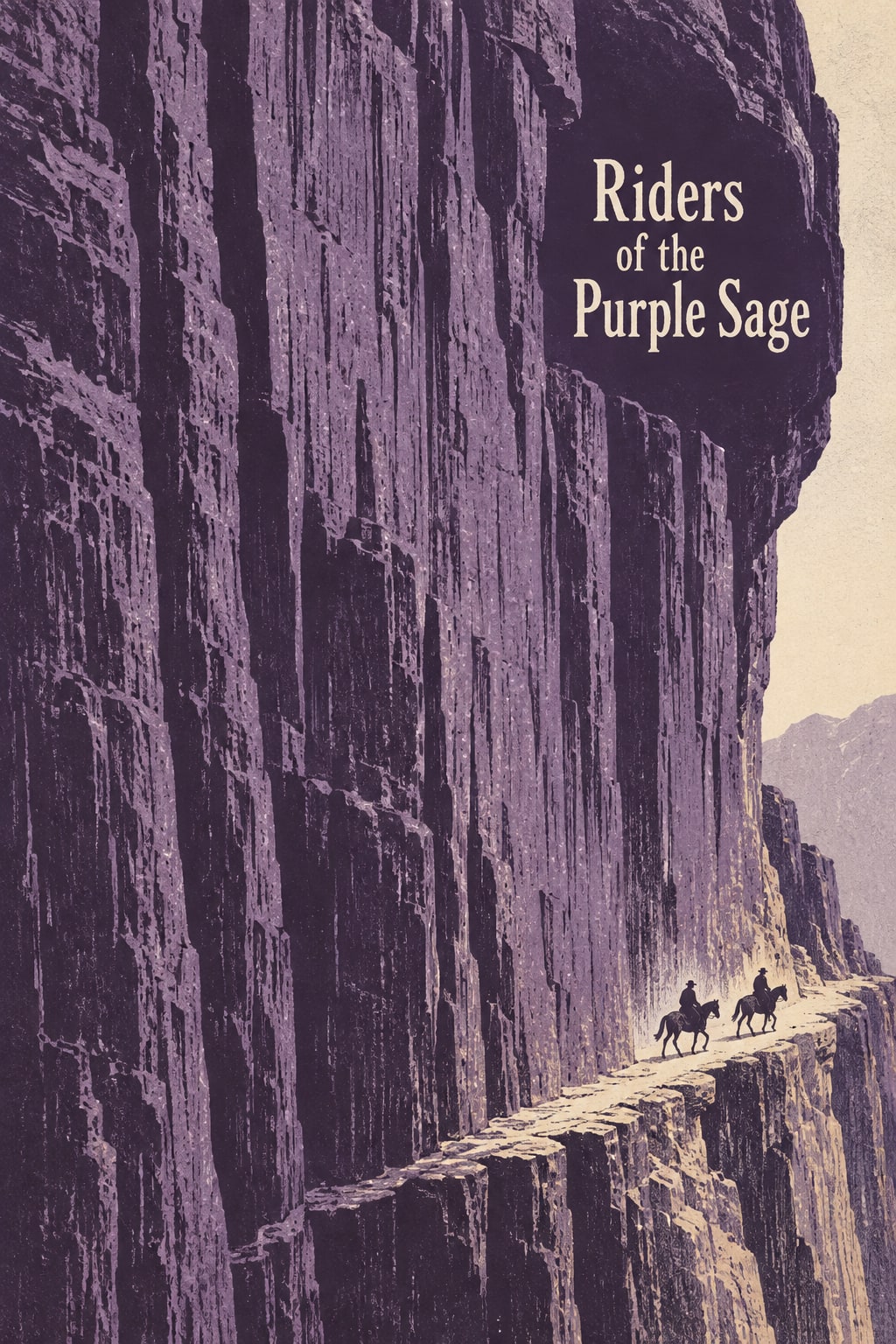 Two tiny riders follow a narrow ledge beneath a towering violet cliff bearing the title Riders of the Purple Sage.