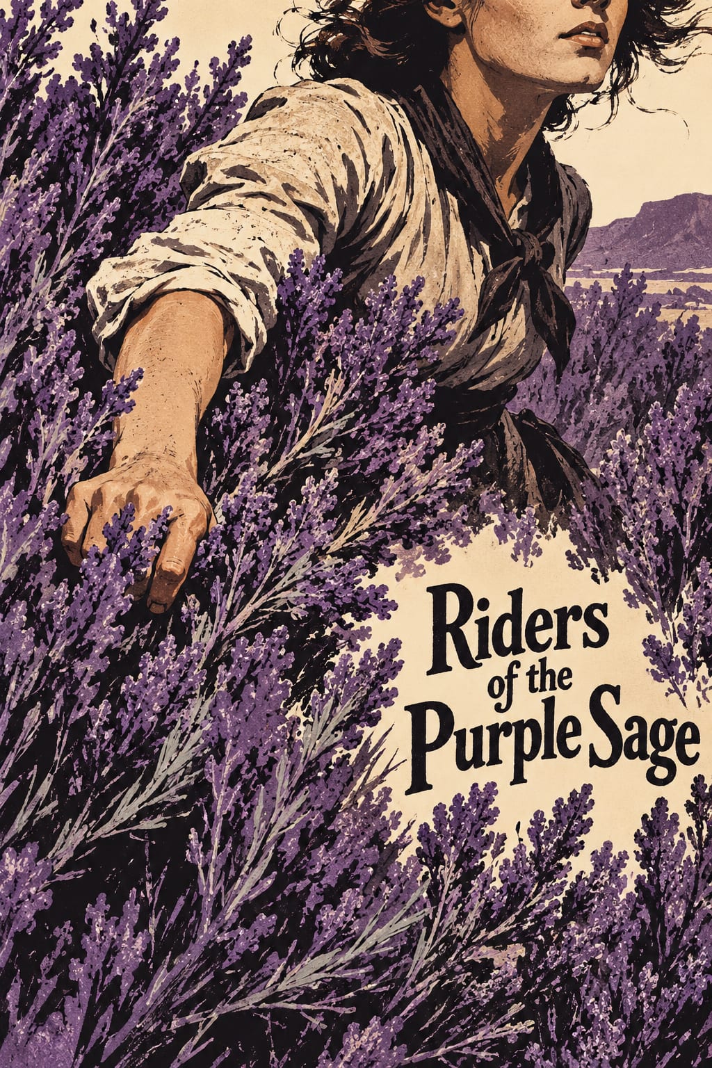 A woman pushes through dense purple sage in a coarse cream and violet print.