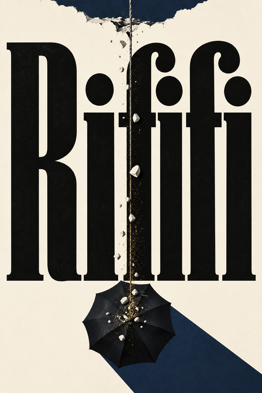 Rififi: Giant black lettering is pierced by a rope descending from a ceiling into an open umbrella.