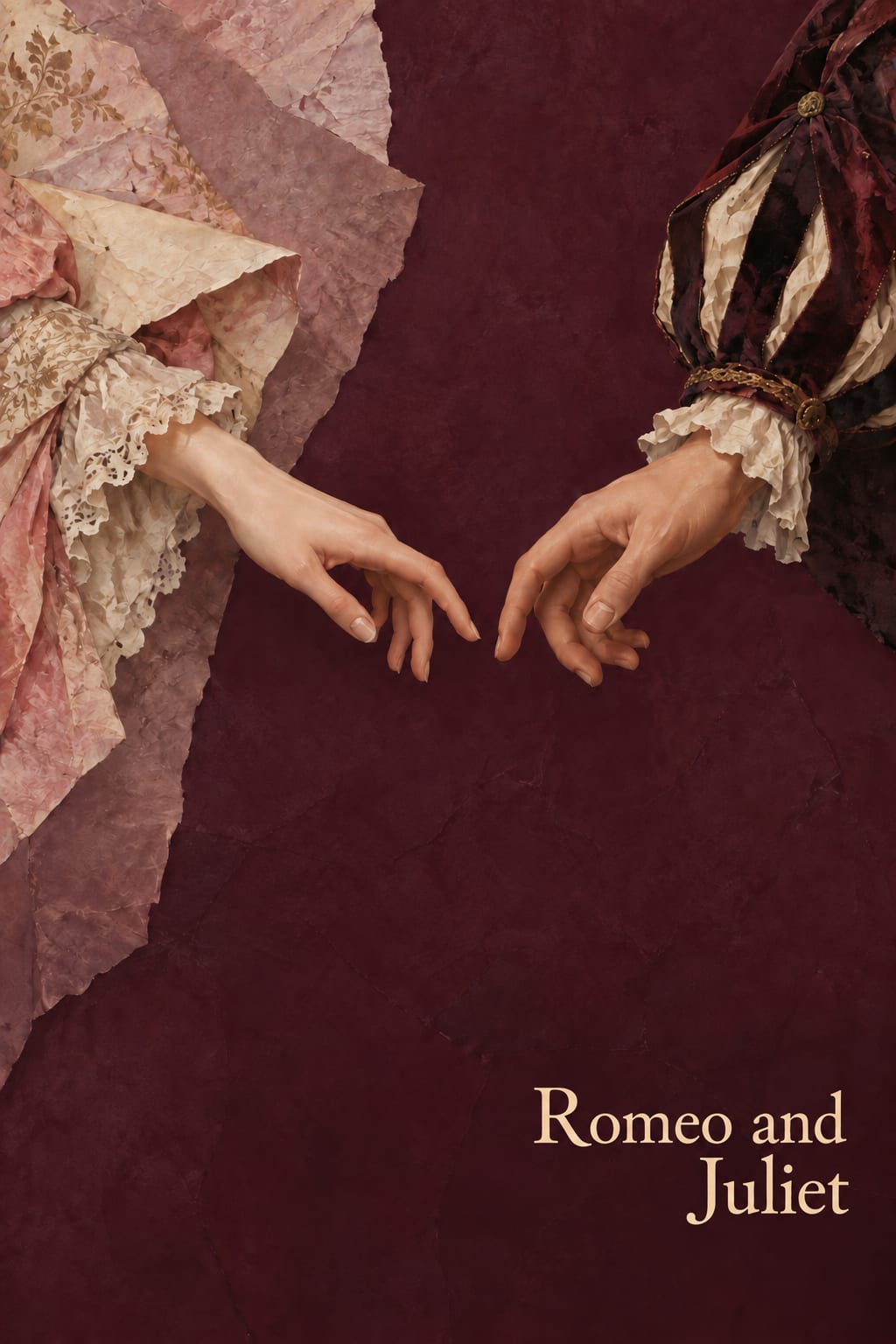 Two hands in Renaissance sleeves almost meet across plum-coloured space above the title Romeo and Juliet.