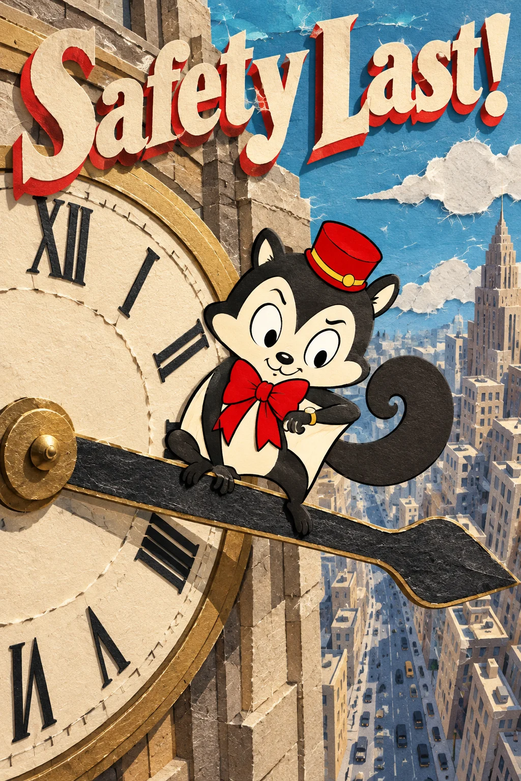 An imagined paper collage for Safety Last!, with Momo beside a large clock, a pocket watch and the sky.