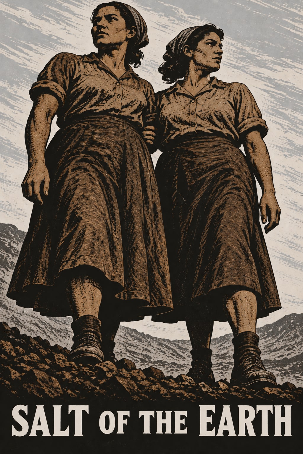 Two women stand side by side on rough ground beneath a streaked sky.