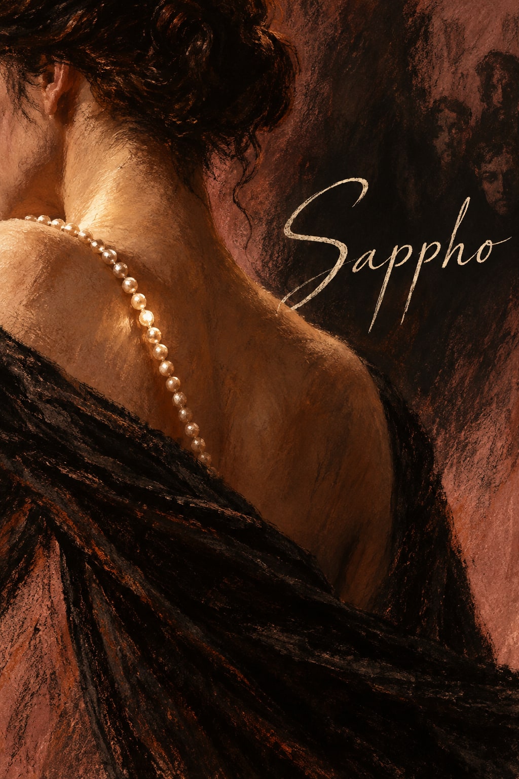 Jewelry at a neckline contrasts with a shoulder turned away.