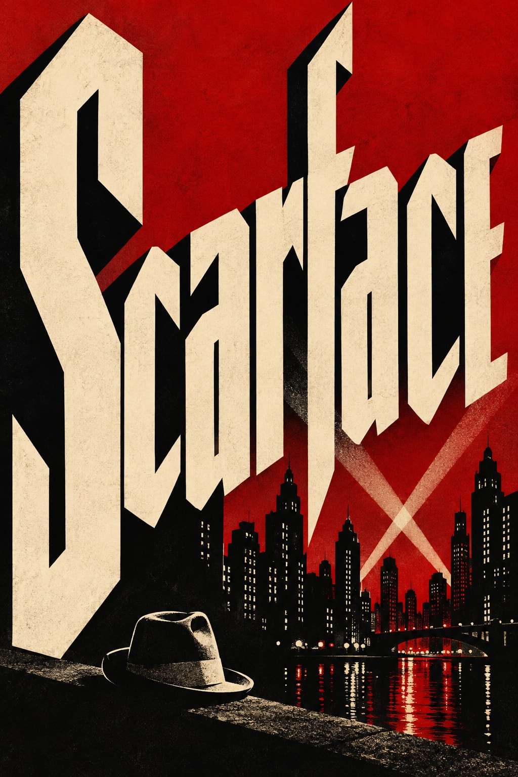 Scarface: Towering angular lettering and crossing searchlights rise above a red and black city.