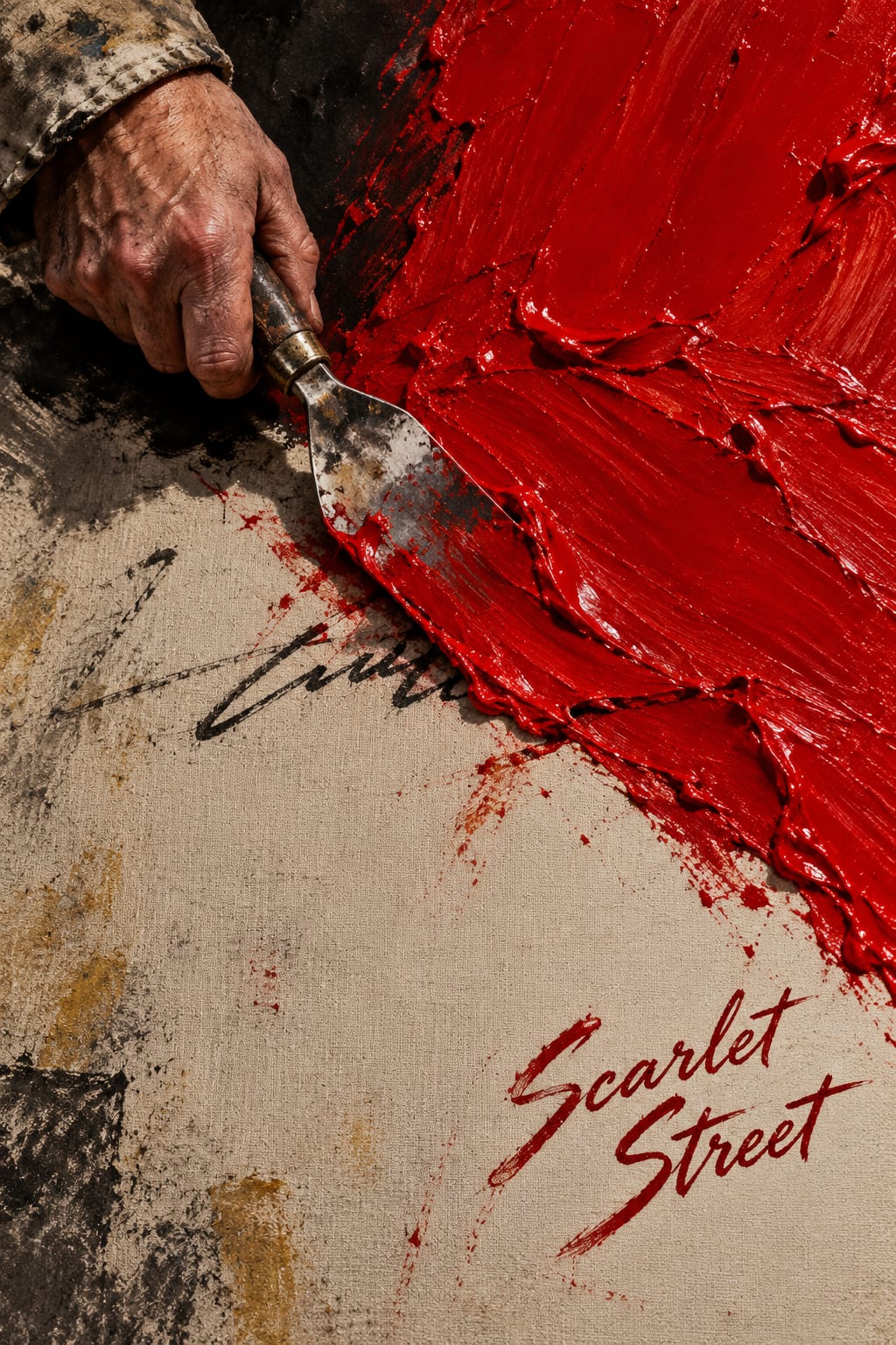 A palette knife drags thick scarlet paint over a partly buried signature on pale linen canvas.