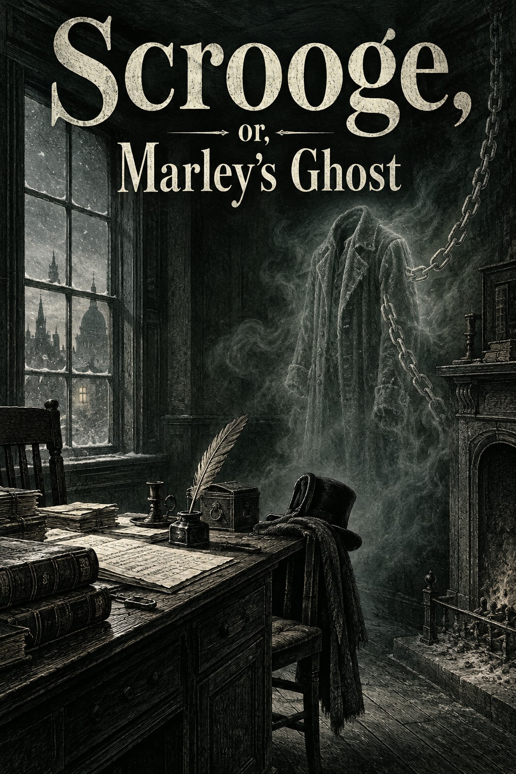 Original illustration: An engraved Victorian counting house with an empty spectral overcoat, chain and fireplace beneath the title.