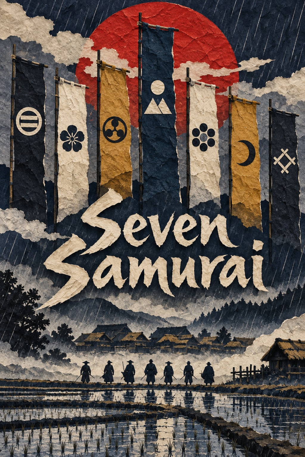 Seven Samurai: Seven paper banners stand above seven distant figures and a rain-soaked village.