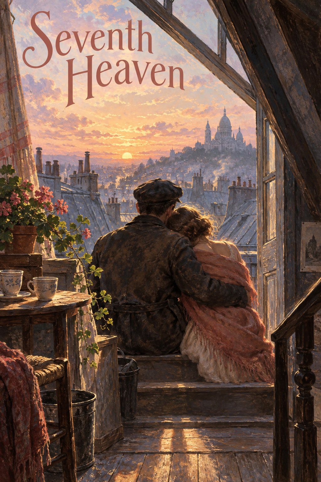 Original illustration: Two anonymous figures embrace at an attic window above Paris in warm dawn light beneath the title.