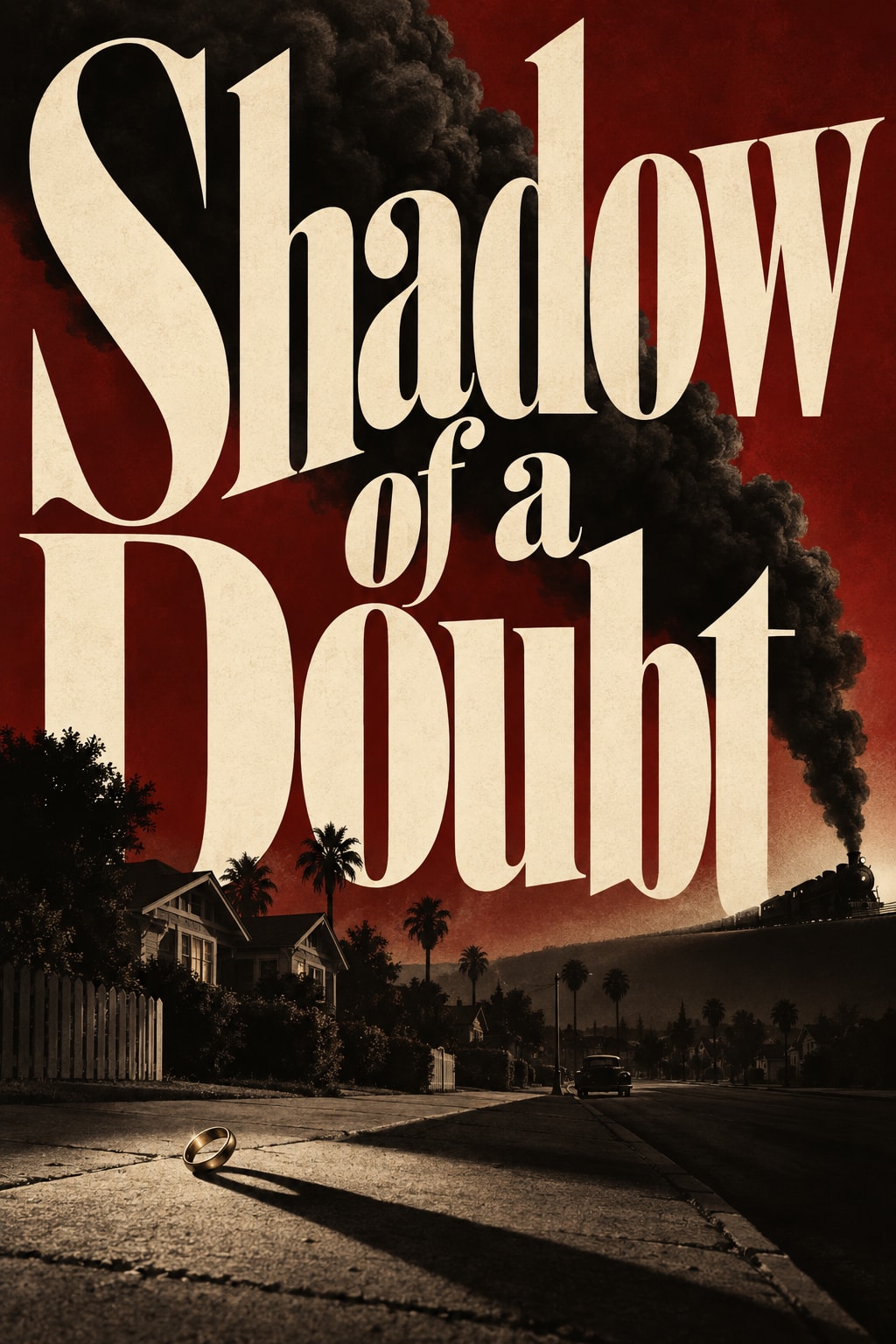 Original illustration: Giant cream Shadow of a Doubt lettering crossed by black train smoke above a small suburban street and a ring.