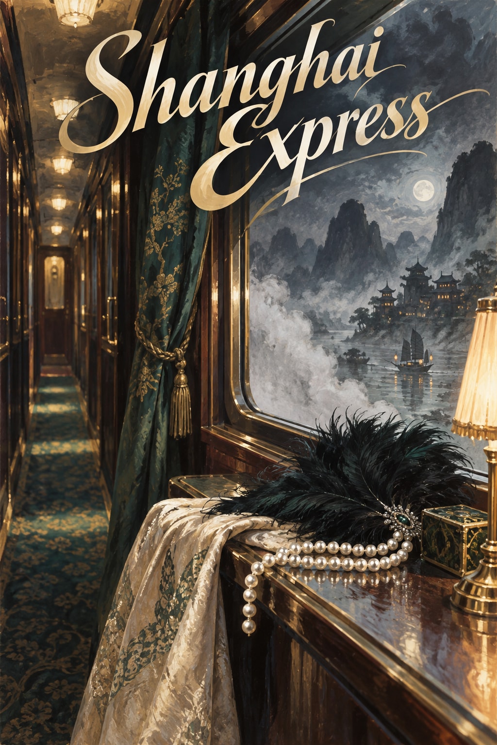 Shanghai Express — Pearls and a feather lie inside a richly painted night-train corridor.