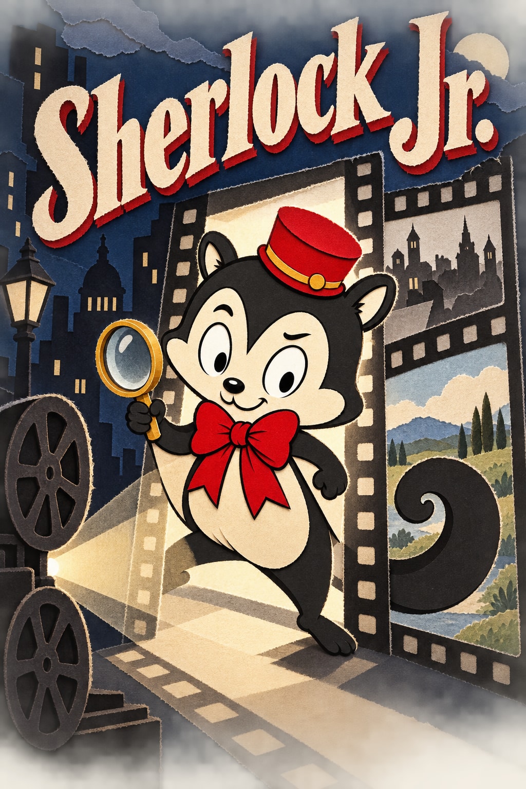 Sherlock Jr. — Momo steps between a cinema screen and a world of film strips.