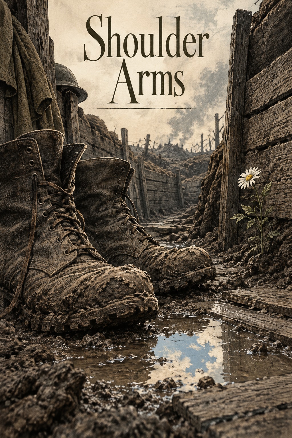 Original illustration for Shoulder Arms: A pair of muddy military boots, a shallow puddle reflecting a tiny patch of clear sky, rough wooden trench boards and one modest flower.