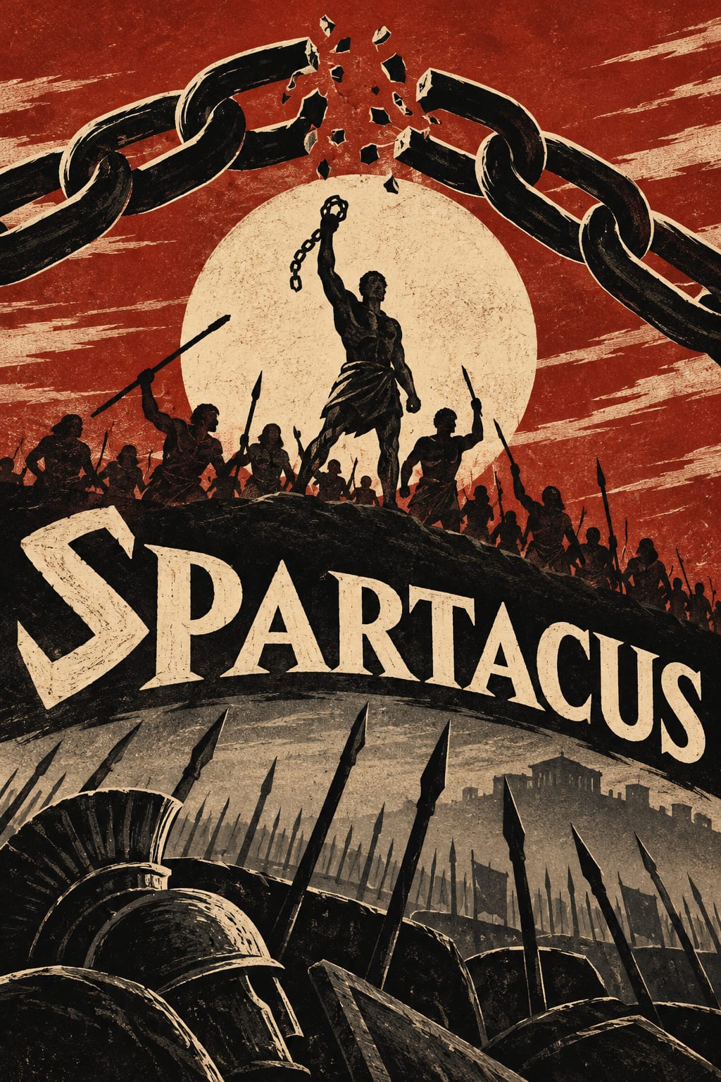 Broken chains arc over silhouetted fighters and Roman spears.