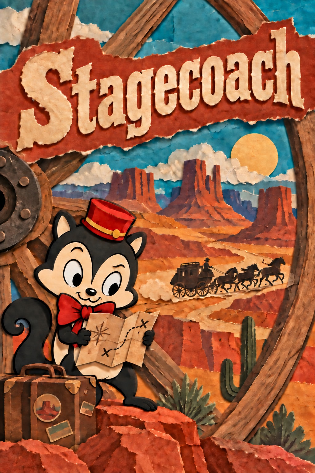 Stagecoach — Momo studies a map beside luggage and a paper desert crossed by a stagecoach.