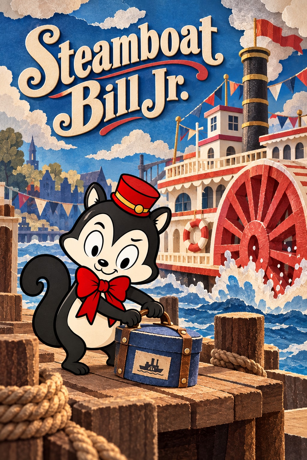 Original illustration for Steamboat Bill Jr.: A whimsical yet carefully engineered paddle steamer with enormous red paddle wheel, deck and brass chimney on a paper river; a gust curls flags and torn cloud layers.