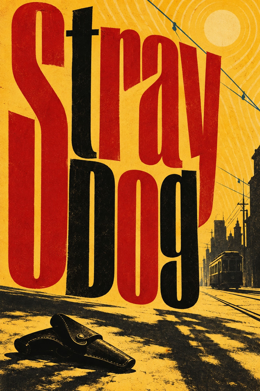 Stray Dog: Oversized red and black lettering towers above a tram and an empty holster in summer heat.