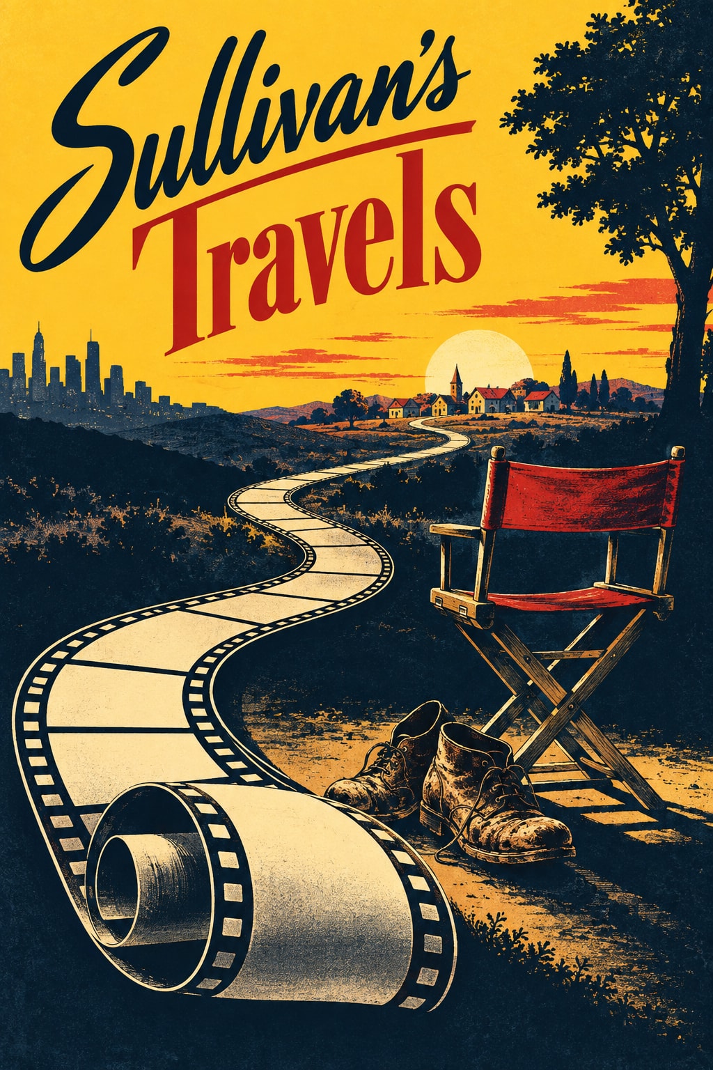 Original illustration for Sullivan's Travels: A curled strip of blank film turns into a winding road that passes a worn pair of shoes and a director's empty folding chair.