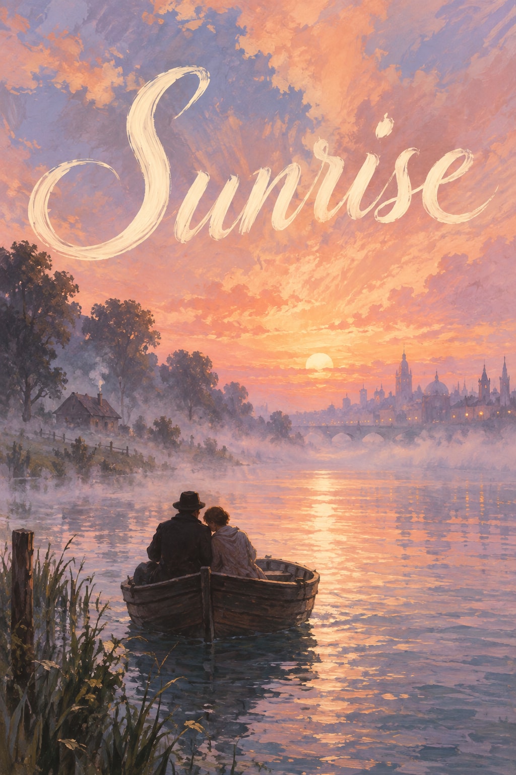 Sunrise — A boat crosses luminous dawn water between dark reeds.
