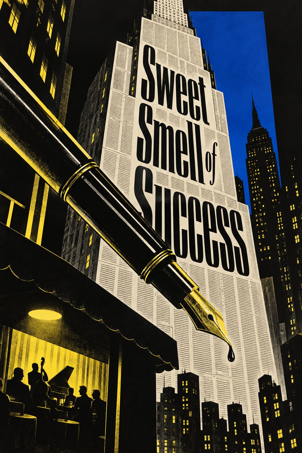 Original illustration for Sweet Smell of Success: A tall midcentury Manhattan skyscraper is built from tightly spaced newspaper columns without legible newsprint; an enormous black fountain pen and tiny jazz-club light cut across it.