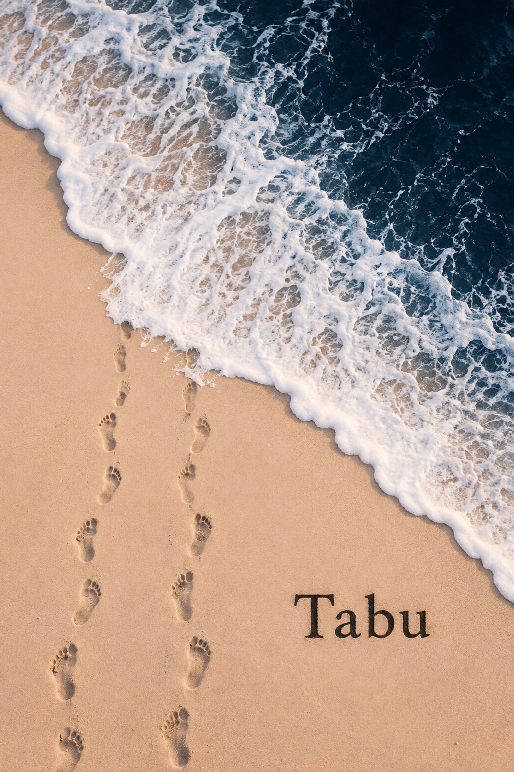Two trails of footprints run along a sandy beach towards foamy blue surf.