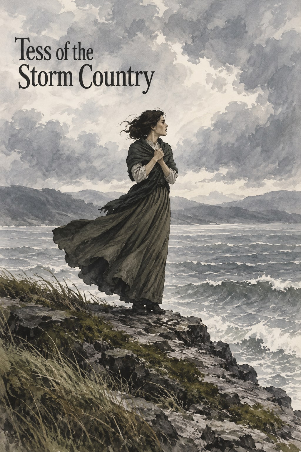 A woman stands on a rocky shore, her dark dress blowing above breaking waves.