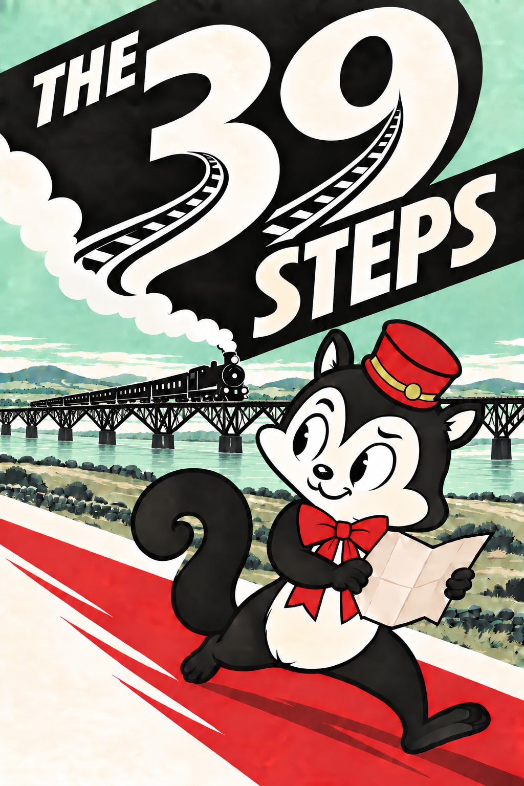 THE 39 STEPS lettering above a train crossing a continuous steel bridge, with Momo reading a map on a red diagonal path.