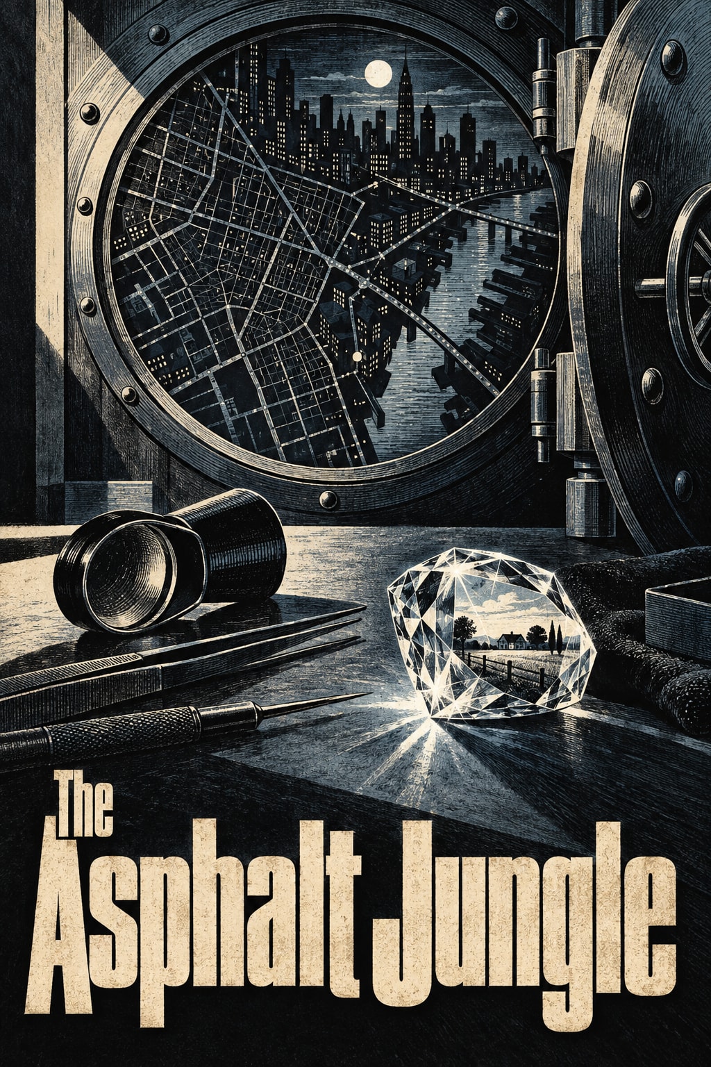 The Asphalt Jungle — A safe, diamond and city map emerge from dark engraved textures.