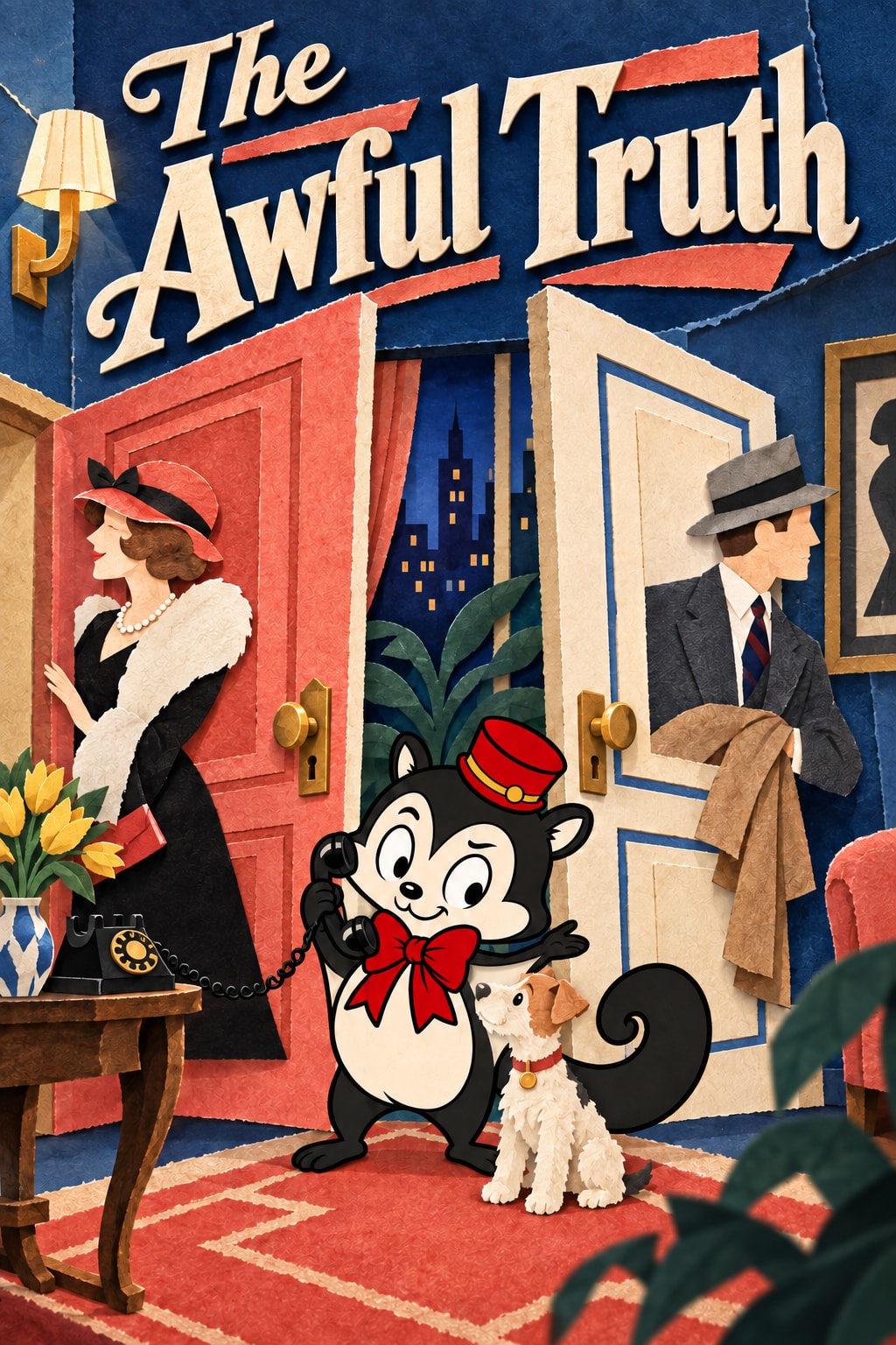 Original illustration: Two apartment doors, anonymous paper figures and a small terrier surround Momo holding a telephone beneath the title.