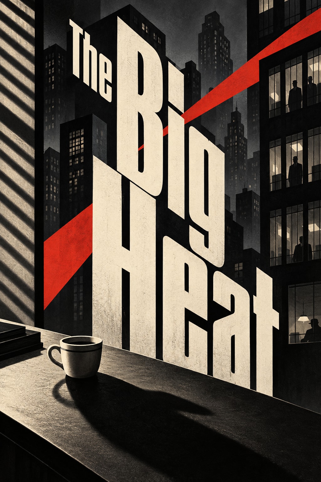 The Big Heat — Bold lettering and spilled coffee form a stark black and red composition.