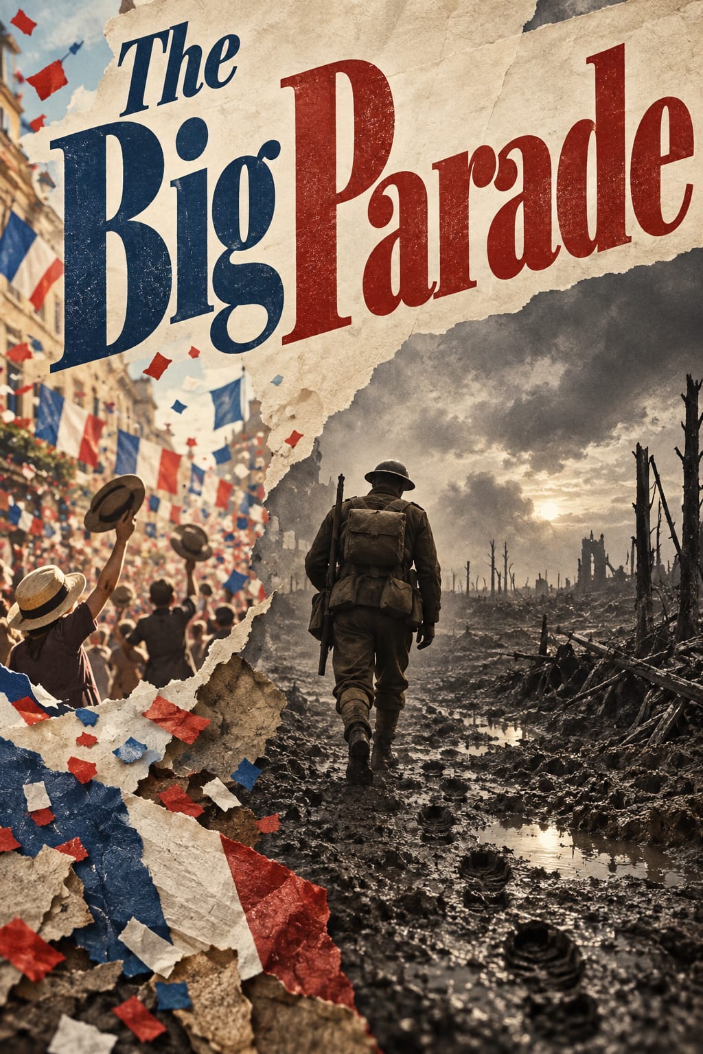 A soldier walks from bright parade confetti into a muddy battlefield.