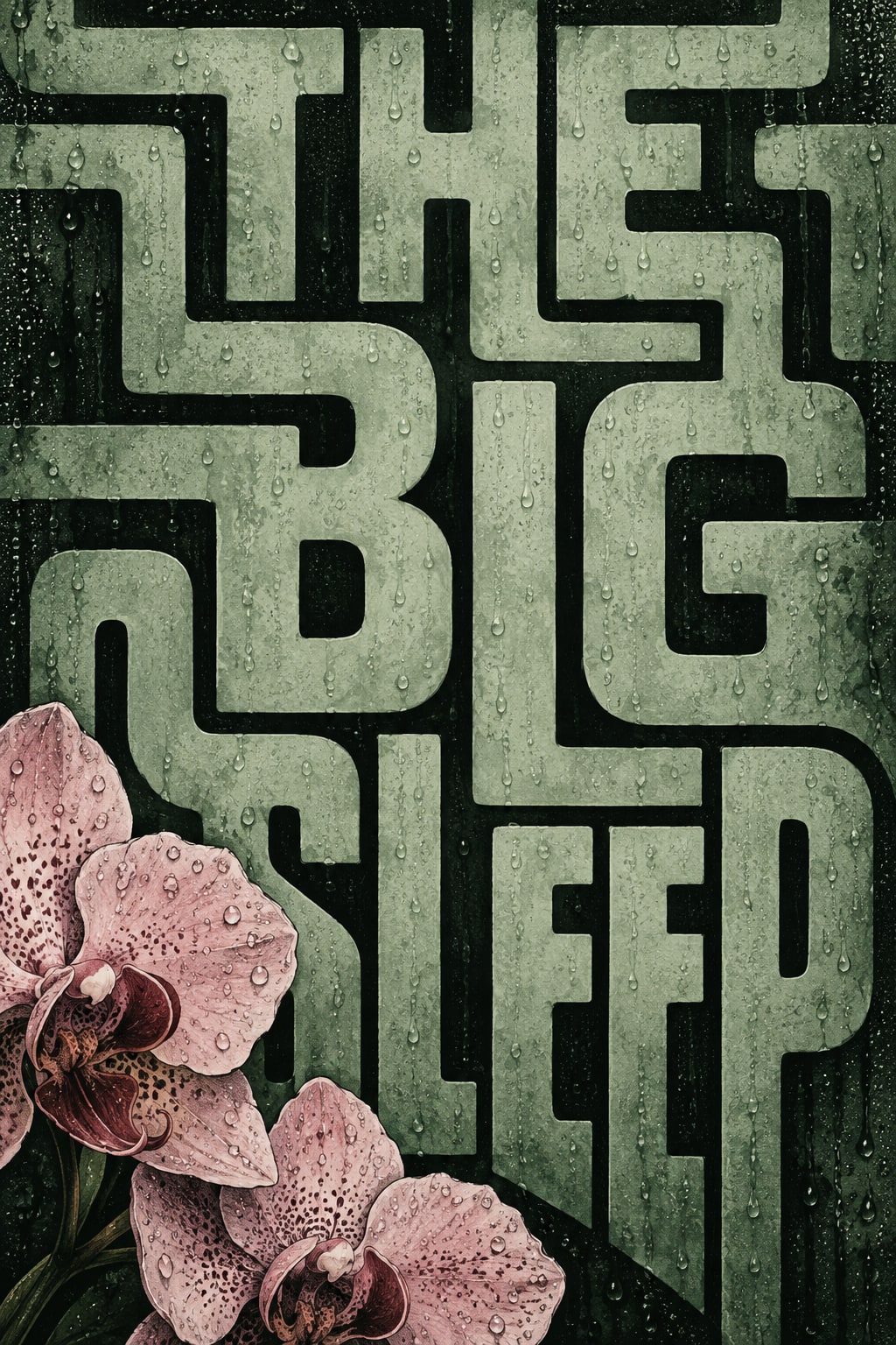 Interlocking green THE BIG SLEEP lettering fills a rain-speckled surface beside pale pink orchids.