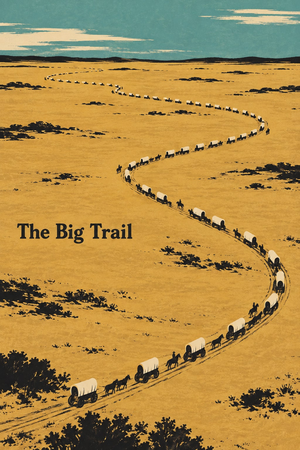 A long line of covered wagons curves across an ochre plain.