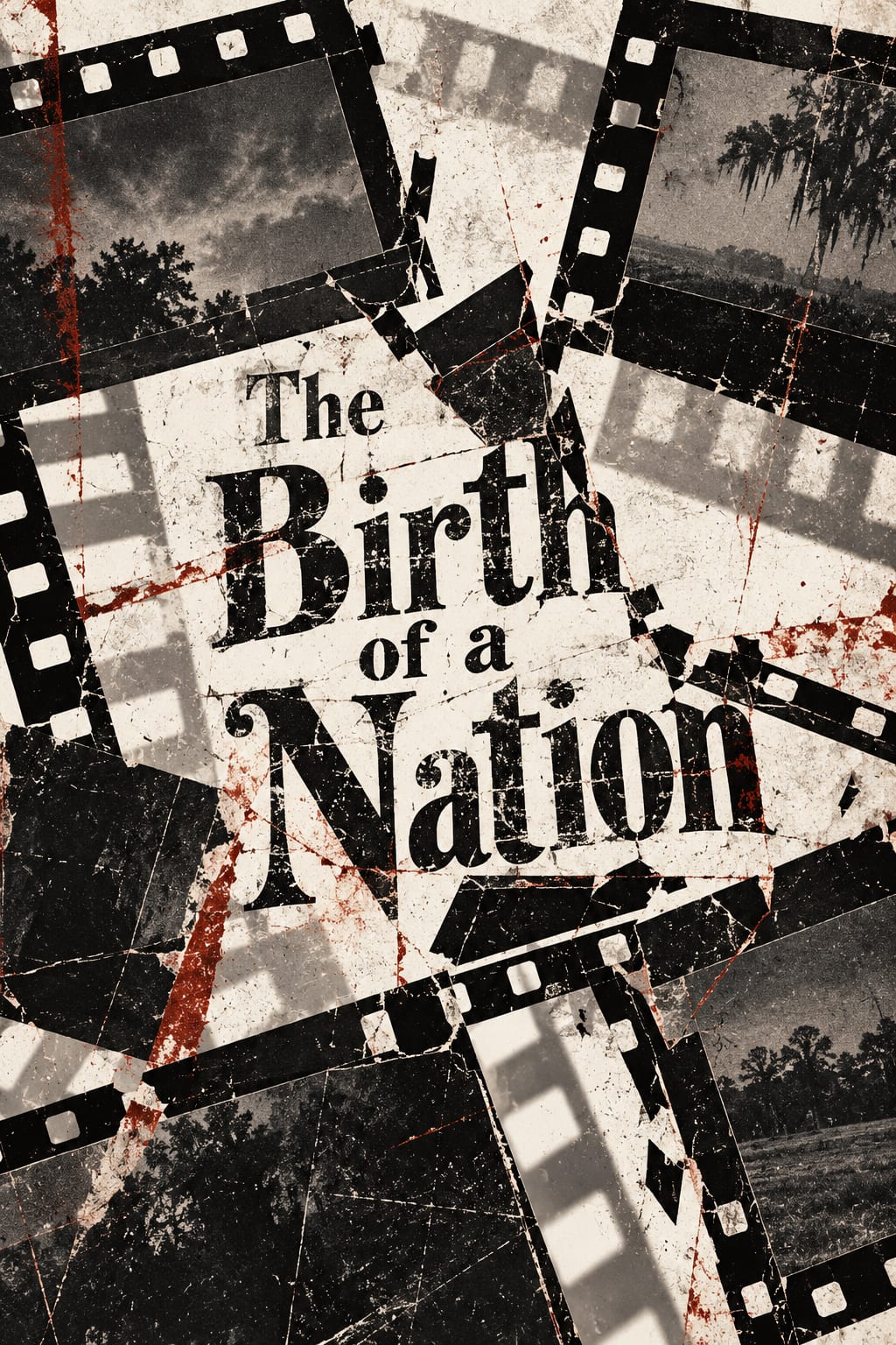 Fractured silent-film frames surround a distressed title with scratched red interruptions.