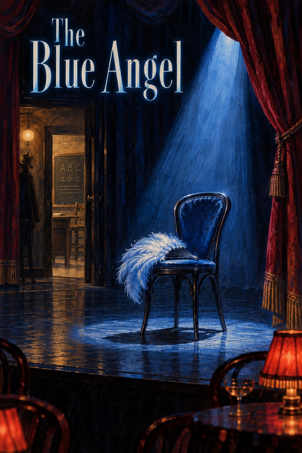 Original illustration: An empty blue cabaret chair and feather fan beneath a spotlight and The Blue Angel lettering.