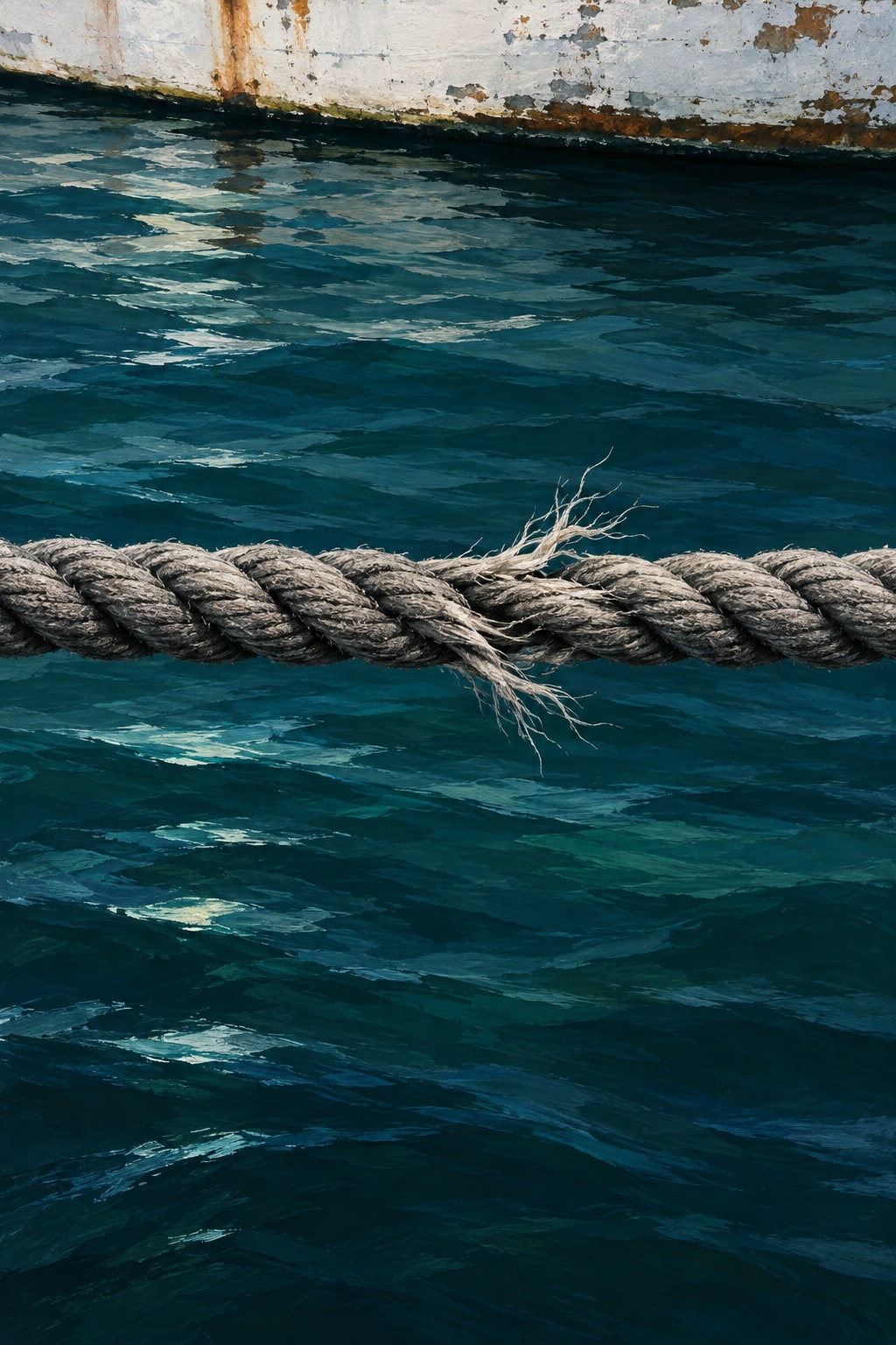 A fraying rope stretches across dark water below a weathered boat hull.