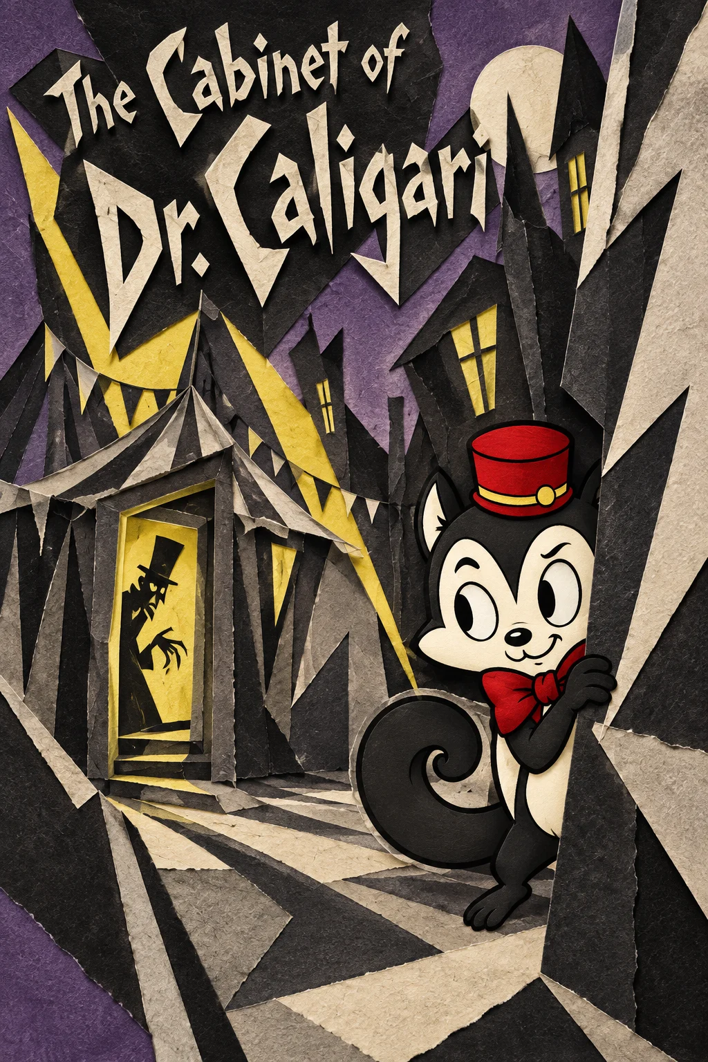 Momo stands in an imagined paper-cut street of sharp, crooked buildings beneath the title The Cabinet of Dr. Caligari.