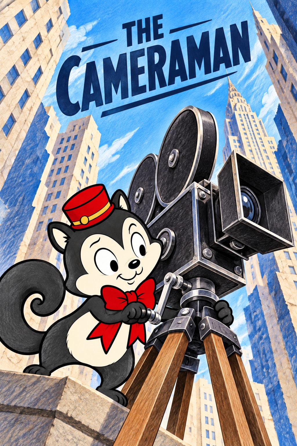 THE CAMERAMAN lettering above Momo operating a large movie camera among blue and cream skyscrapers.