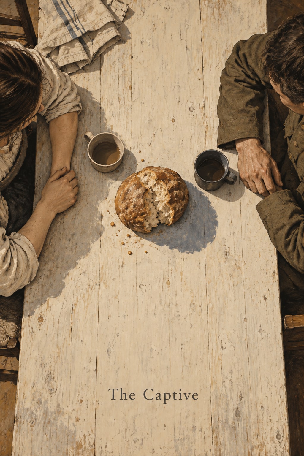 Two people face each other across a worn table with bread and two cups placed in front of them.