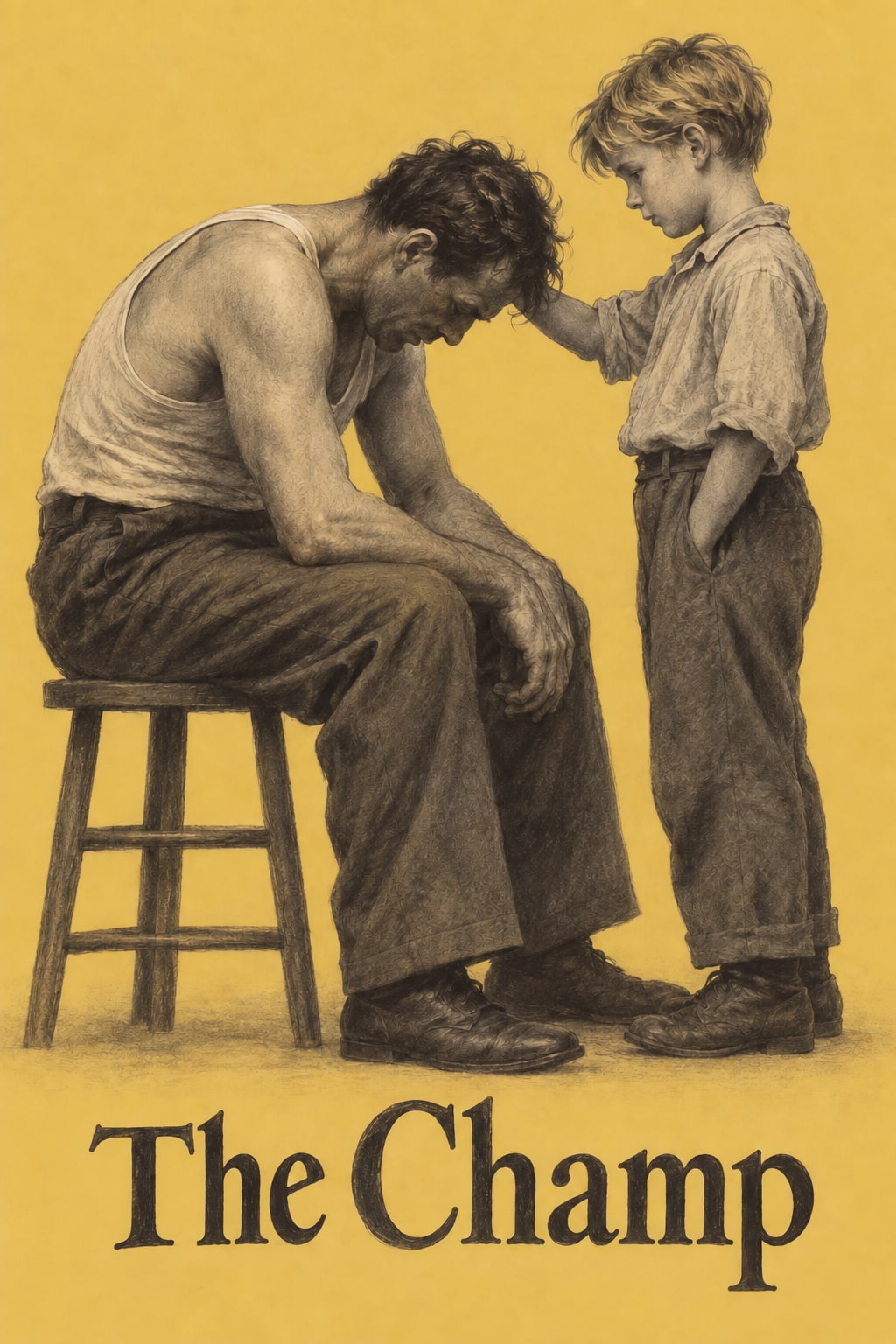 A boy rests a hand on the head of a man sitting hunched on a stool against yellow.