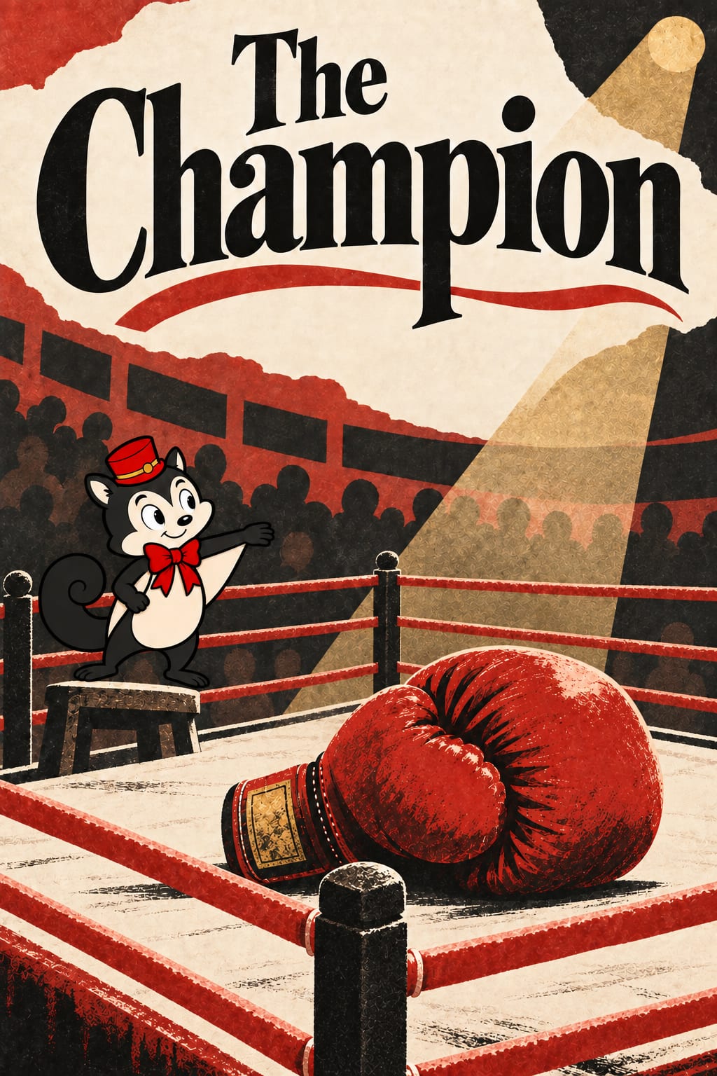 Momo watches from ringside beside an oversized boxing glove.