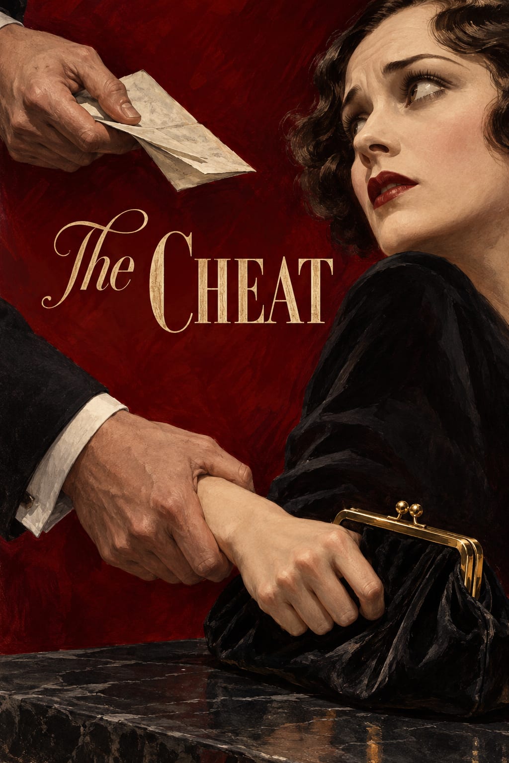 A woman holds a dark clasp purse while another hand grips her wrist and a folded paper enters above.
