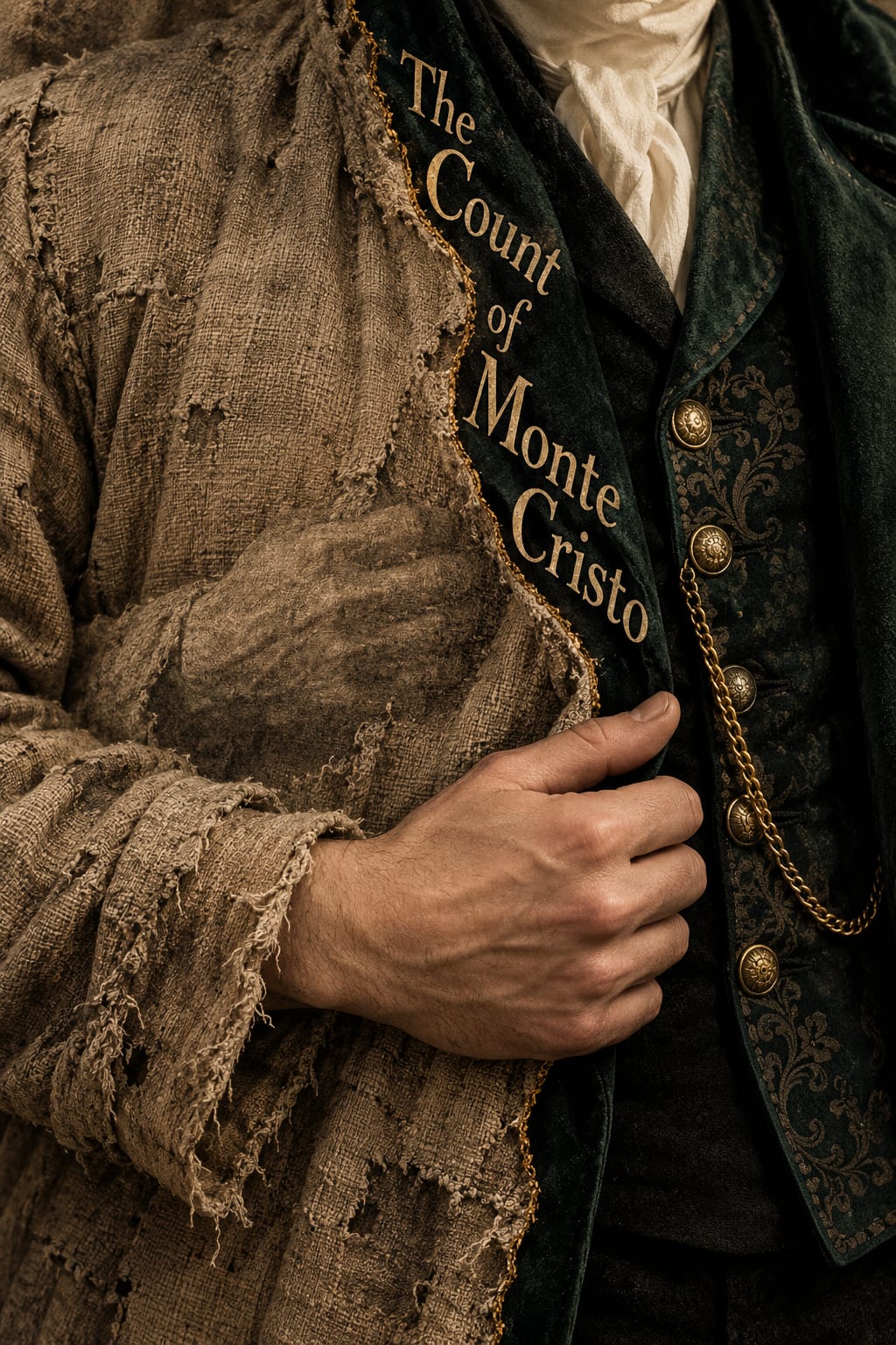 A hand crosses the edge between coarse prison cloth and an ornate dark waistcoat.