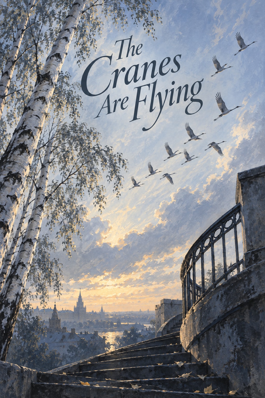 Original illustration for The Cranes Are Flying: A steep upward view through silver birches to a flock of small cranes across a vast pale sky, an empty city stair railing spirals below.