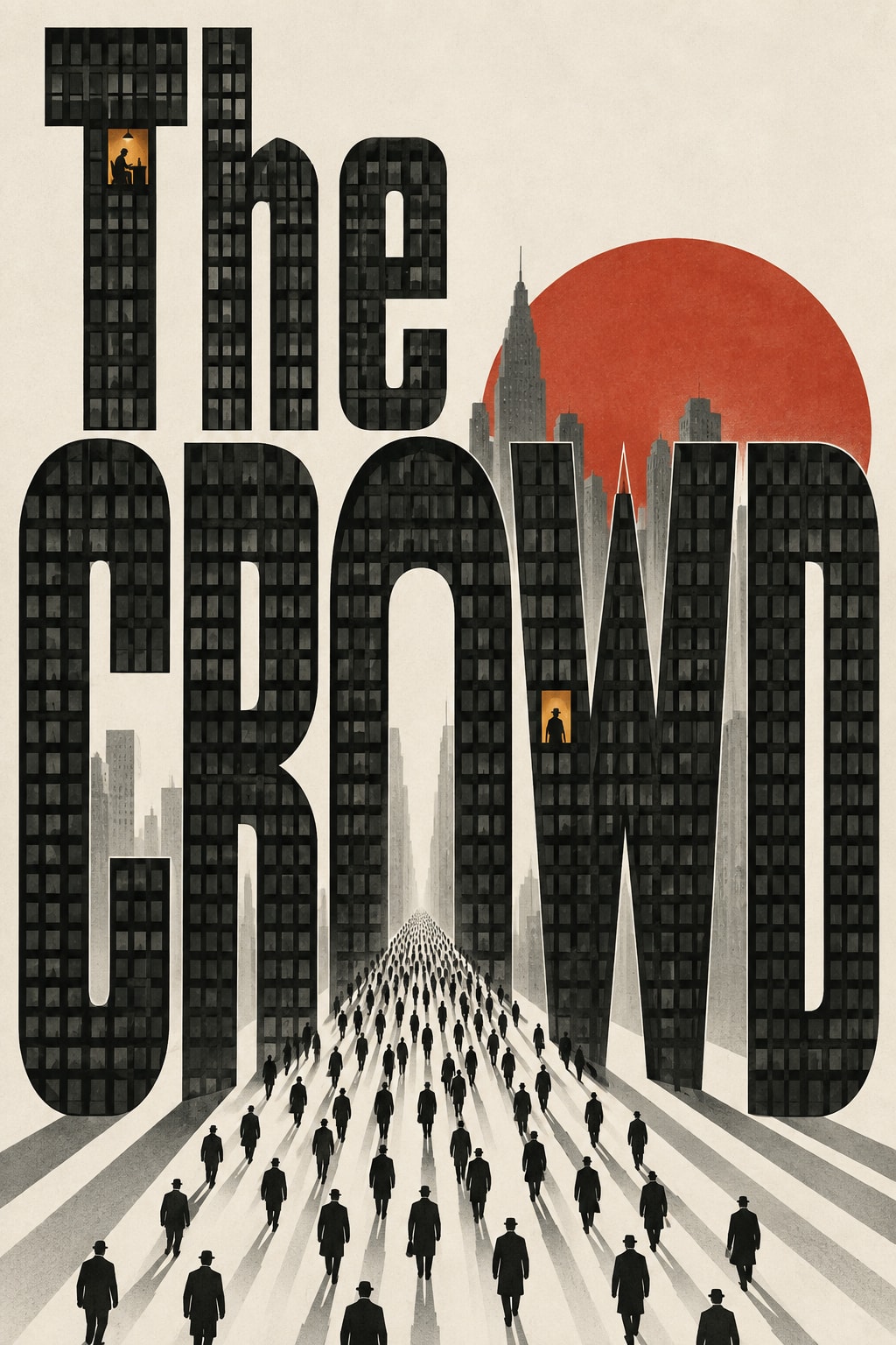 The Crowd — Office windows and crowds merge with monumental lettering.