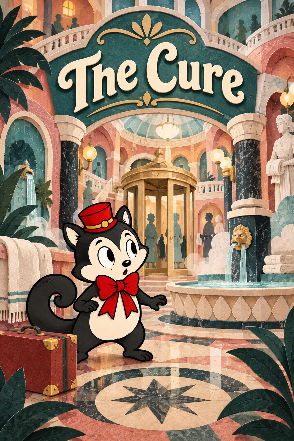 Original illustration for The Cure: An extravagant tiled health-spa hall unfolds as stacked paper semicircles around a revolving door and mineral-water well.